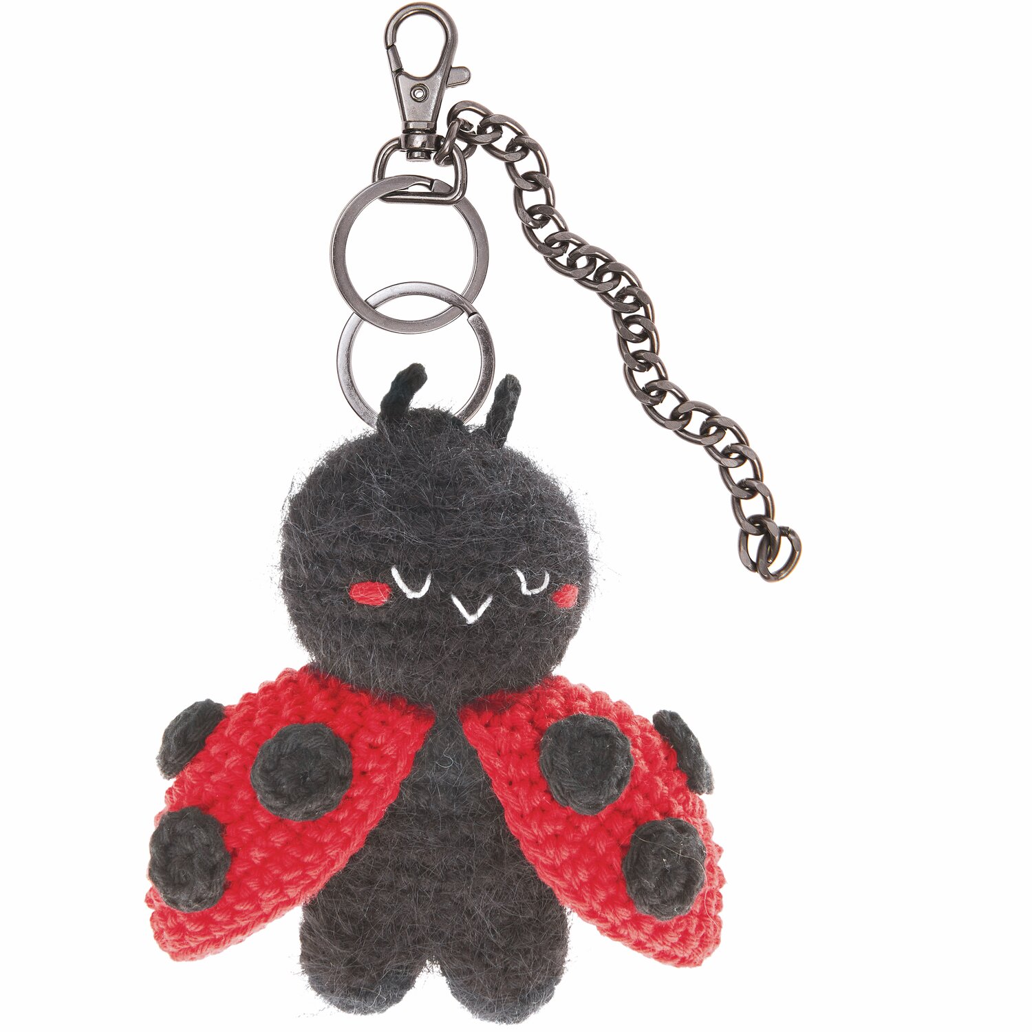Ricorumi Rico Chingus Schlüsselanhänger mit Marienkäfer-Design, schwarz-rot, aus weichem Garn, mit Kette und Karabiner.