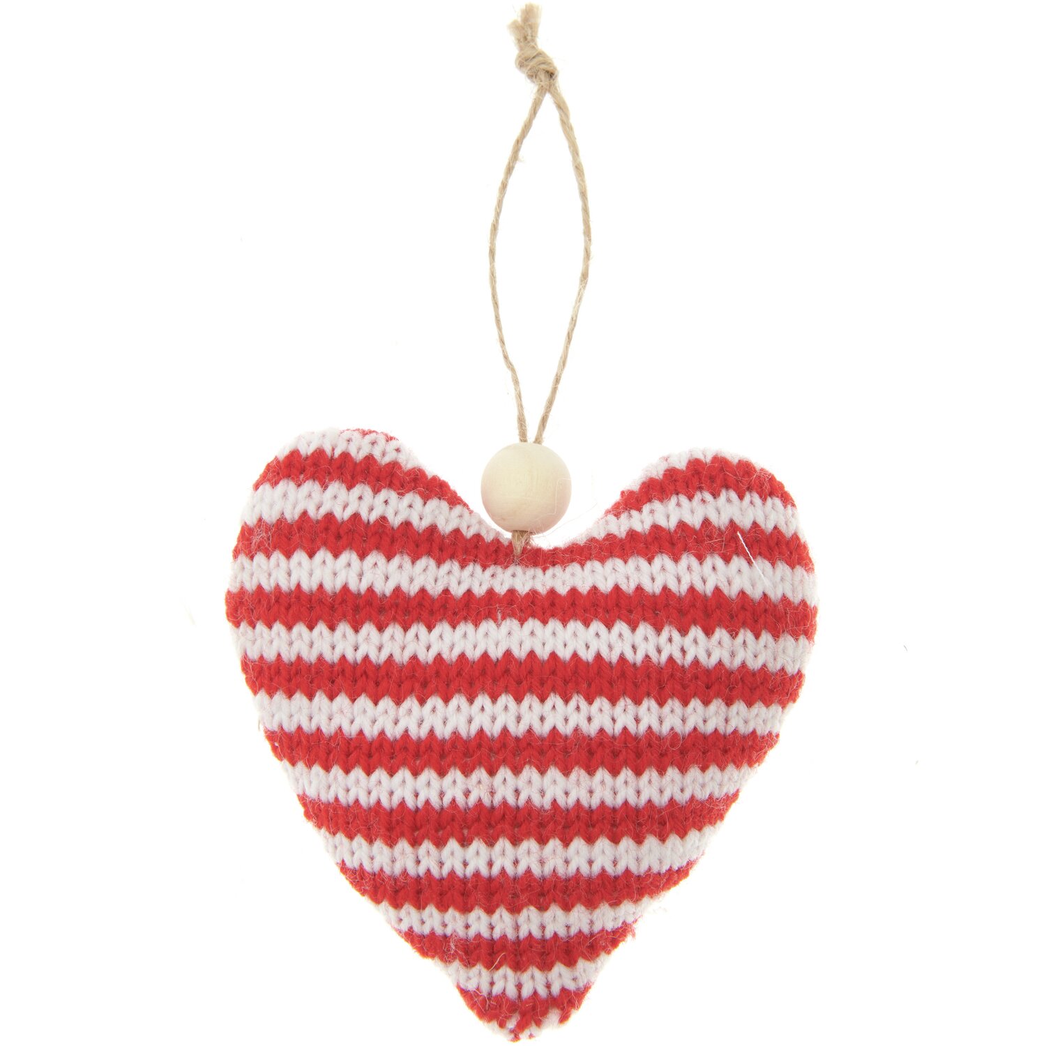 Strickherz gestreift Rot-Weiß: Herzförmiger Anhänger mit roten und weißen Streifen, 9,5x4x9cm.