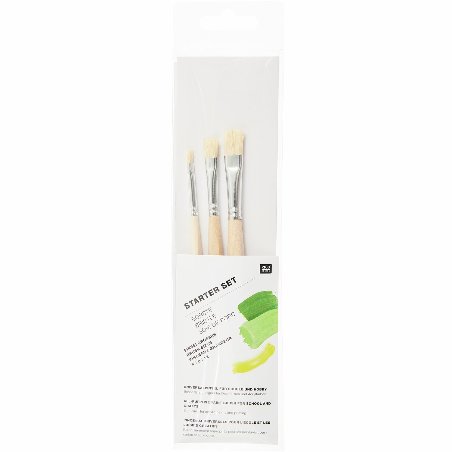 Pinsel Starterset Borste, 3-teilig, von Rico Design. Enthält drei Pinsel mit hellen Borsten. Ideal für kreative Projekte.