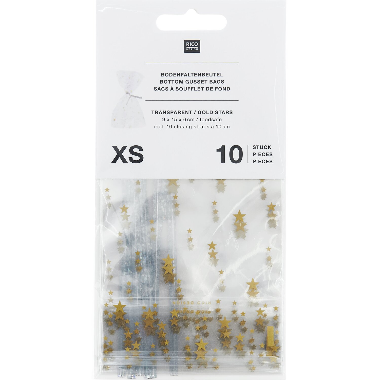 Kekstüten Goldene Sterne von Rico Design, transparent mit goldenen Sternen, 10 Stück pro Packung.