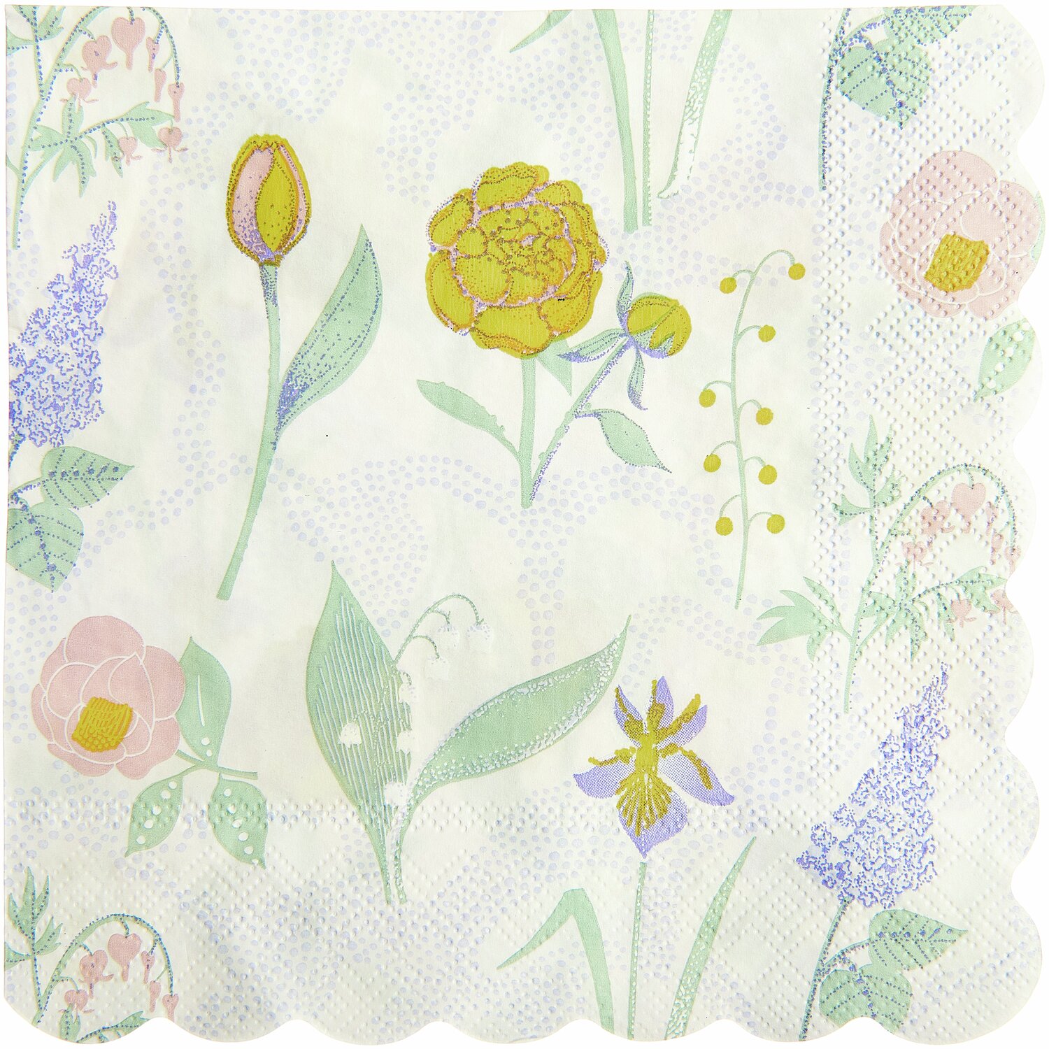 Servietten Blumenwiese 20 Stück, florales Design mit bunten Blumen auf weißem Hintergrund, 32x32,5cm.