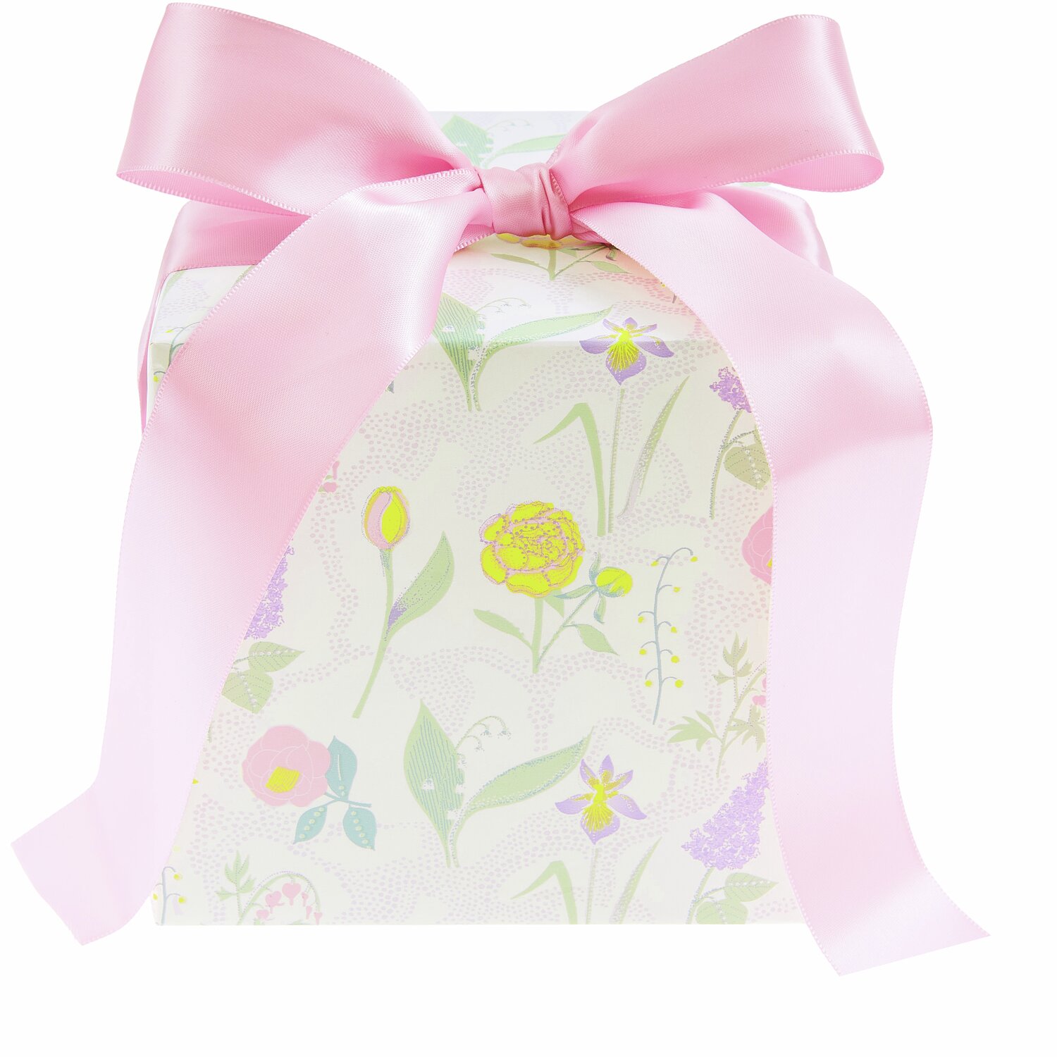 Paper Poetry Geschenkpapier Blumenwiese Bunt: Geschenkbox mit floralen Motiven und rosa Schleife, ideal für besondere Anlässe.