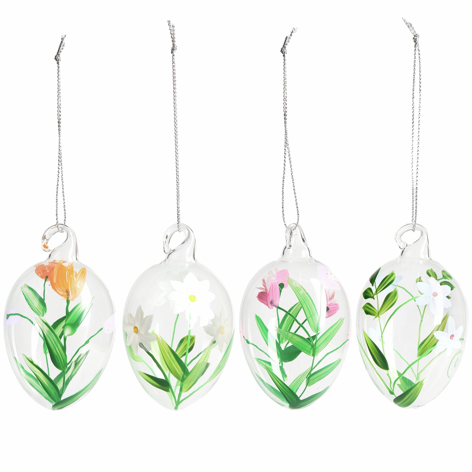 Glas Eier Blumenwiese handbemalt 4 Stück, dekorative Anhänger mit floralen Motiven.
