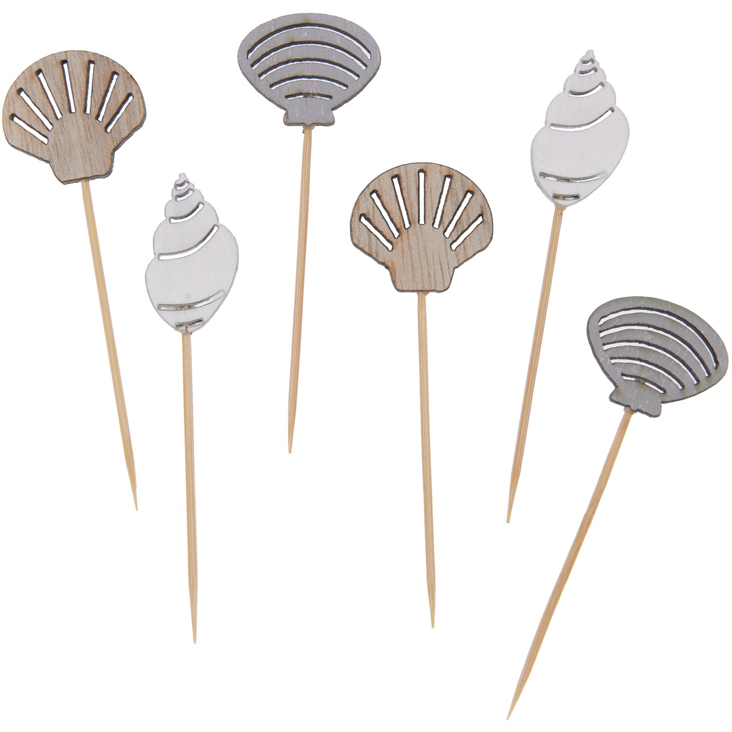 Deko-Picker Muschel Mix natur, 6 Stück, 6,7-7,5cm. Muschelförmige Picker in Holzoptik.