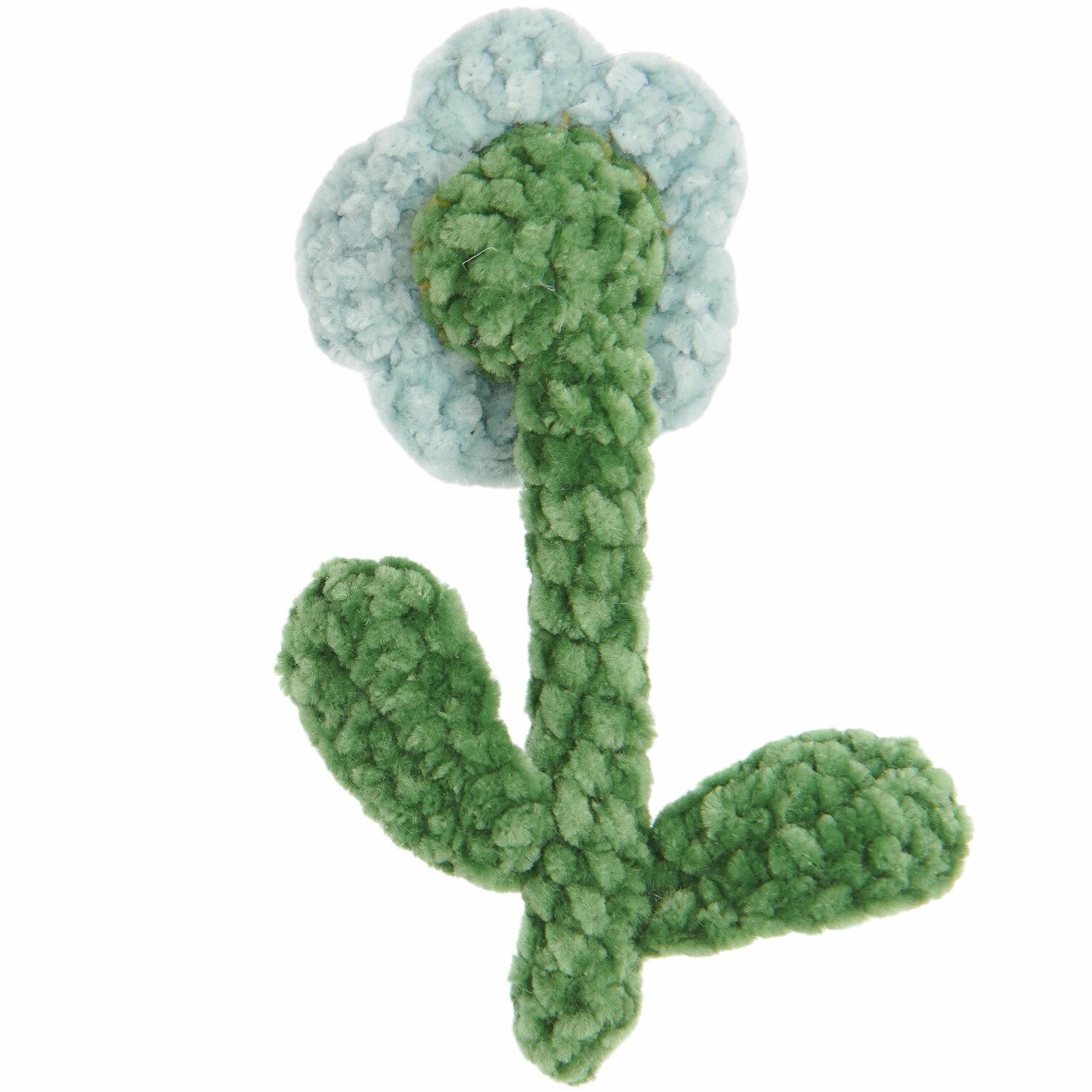 Ricorumi Häkelset Schlüsselanhänger Chingu Earth zeigt eine grüne, gehäkelte Blume mit hellblauer Blüte. Ideal für kreative DIY-Projekte.