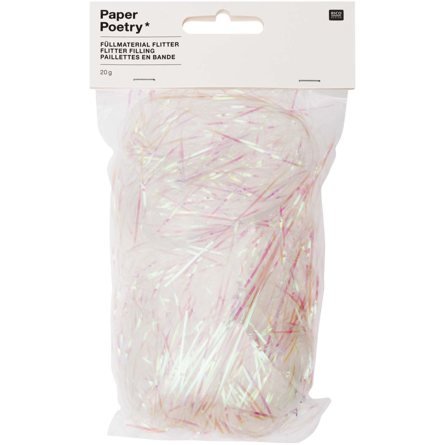Paper Poetry Füllmaterial Flitter 20g Farbe Irisierend von Rico Design Paper Poetry Füllmaterial Flitter 20g, irisierend, in einer transparenten Verpackung von Rico Design. Ideal für kreative Projekte.