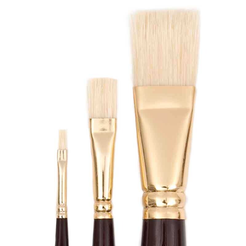 Fine Art Öl Borste Ergonomic flach kurzer Stiel. Drei Pinsel mit goldenen Zwingen und hellen Borsten. Ideal für präzises Malen.