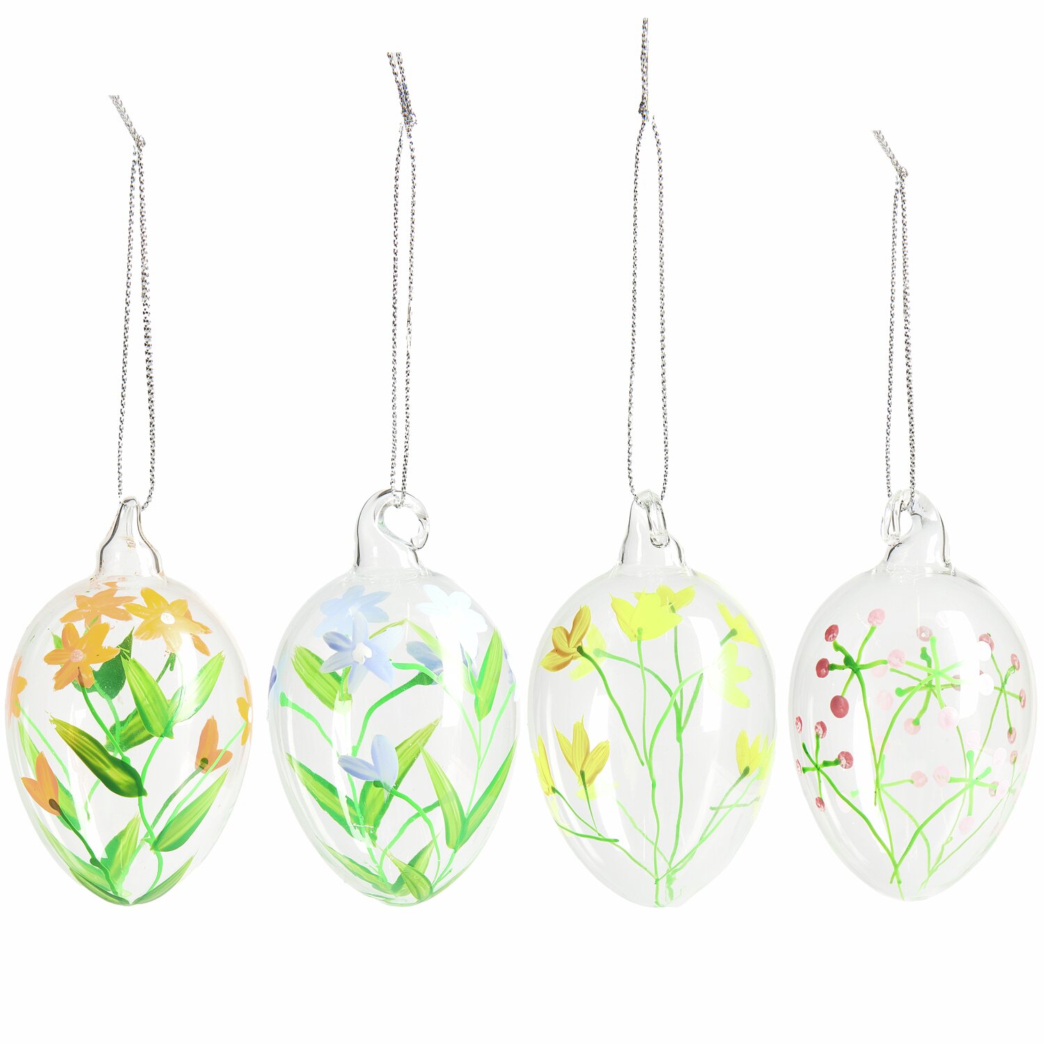 Glas Eier Frühlingswiese handbemalt 4 Stück: Vier handbemalte Glaseier mit floralen Motiven in verschiedenen Farben, ideal für Frühlingsdekorationen.