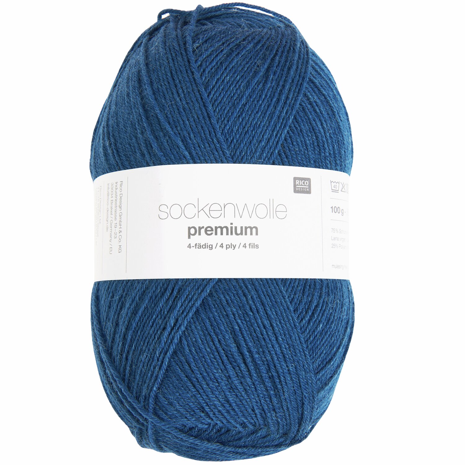 Sockenwolle Premium 4-fädig in Petrol, 100g 380m, von Rico Design. Ideal für Strickprojekte.