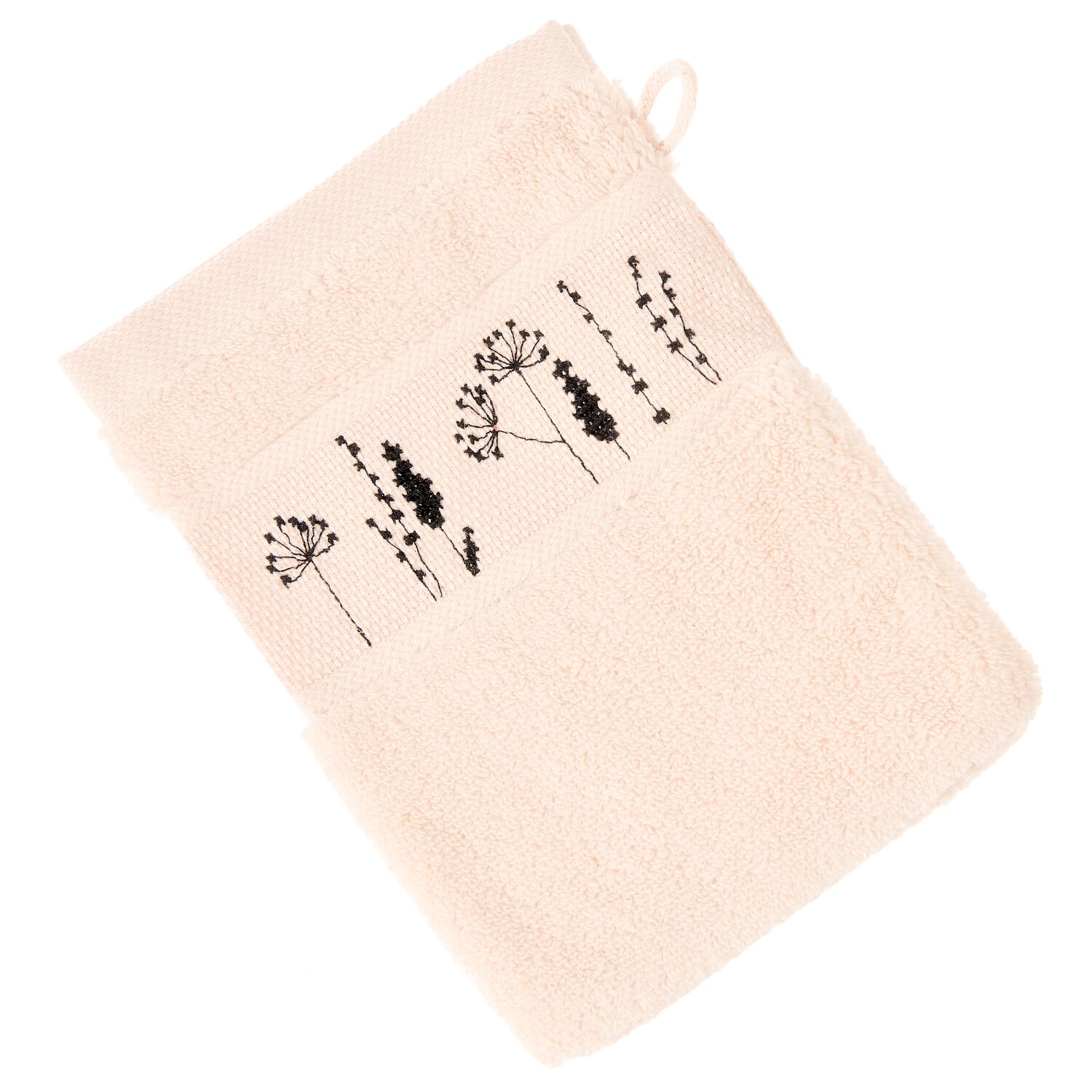 Stickset Waschhandschuh, Puder Modell 80857 aus Stickbuch 186 mit zartem, hellem Frottee und schwarzem floralen Stickmuster auf der Bordüre
