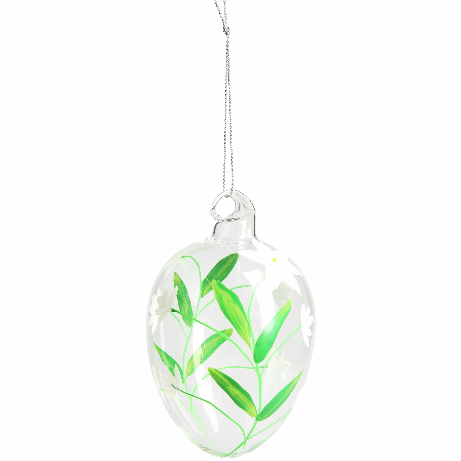 Glas Eier zarte Blüten 3 Stück, dekoratives Glas-Ei mit grünen Blättern und weißen Blüten, 11,5xØ7cm, ideal für Frühlingsdekorationen.