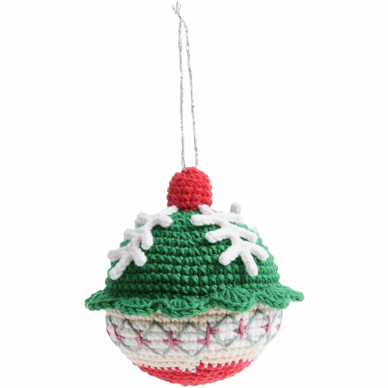 Ricorumi Häkelset Christbaumkugeln Silber: Handgehäkelte Kugel in Grün, Rot und Weiß mit Schneeflockenmotiv, ideal für festliche Dekorationen.
