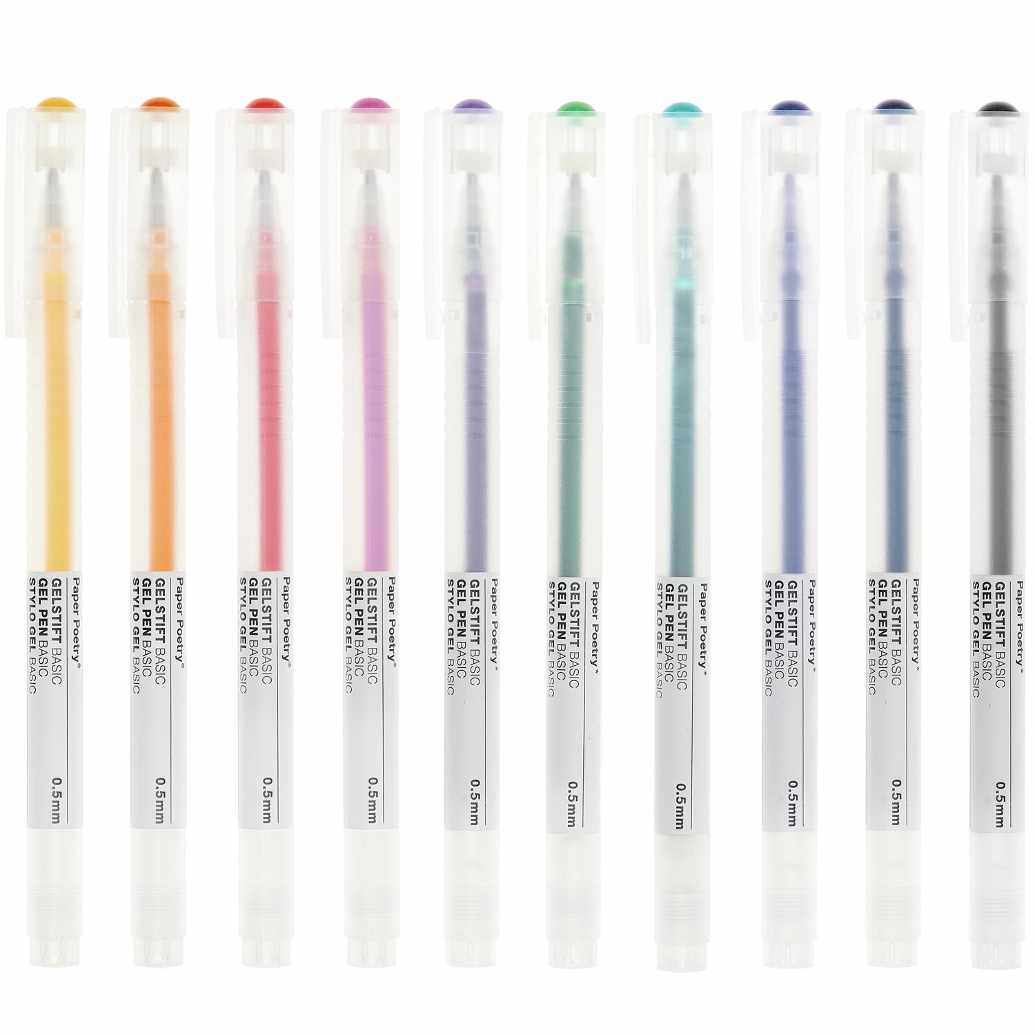 Paper Poetry Gelstifte Basic, 10 Stück, mehrfarbig, 0,5mm, von Rico Design, in klaren Hüllen.