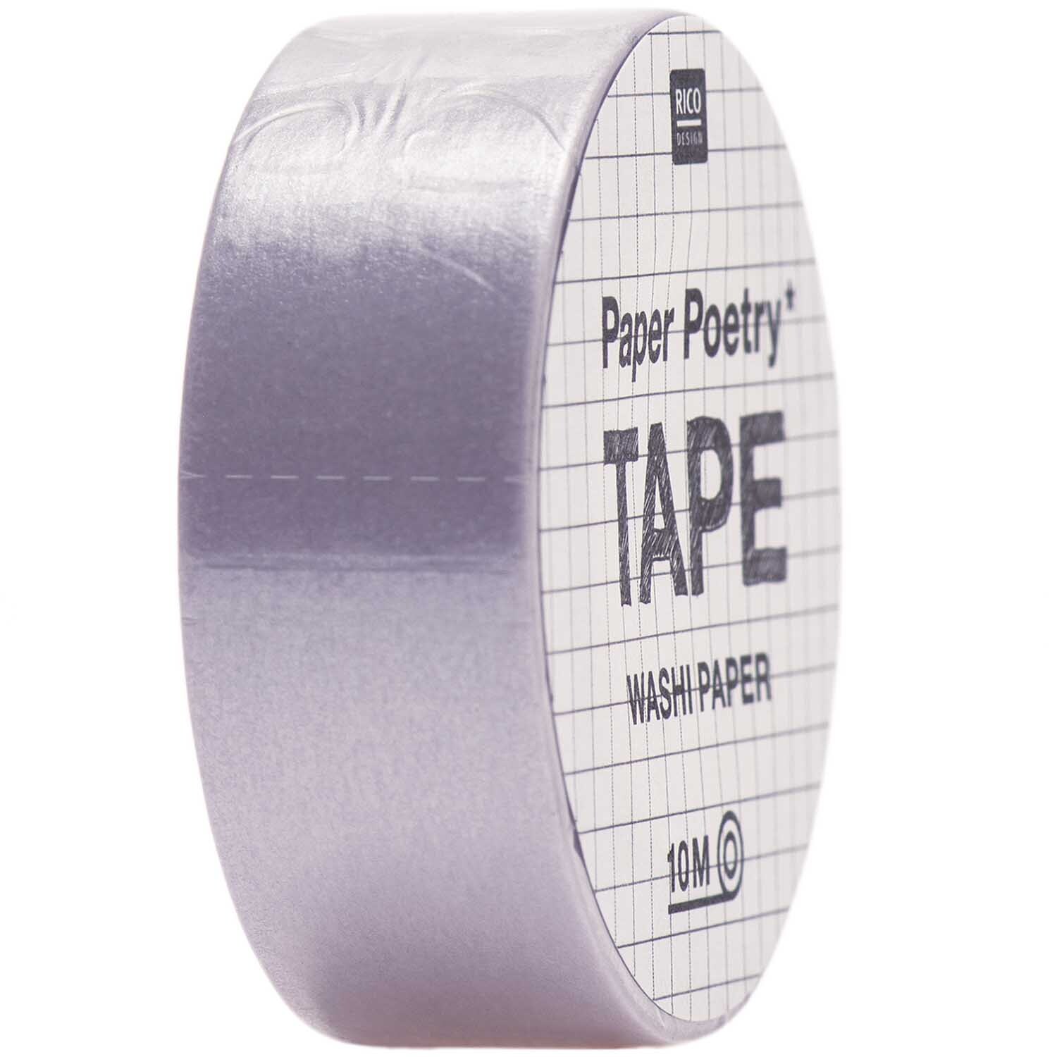 Paper Poetry Tape uni 15mm 10m in zartem Flieder von Rico Design, seitlich abgebildet auf schwarzem Hintergrund.