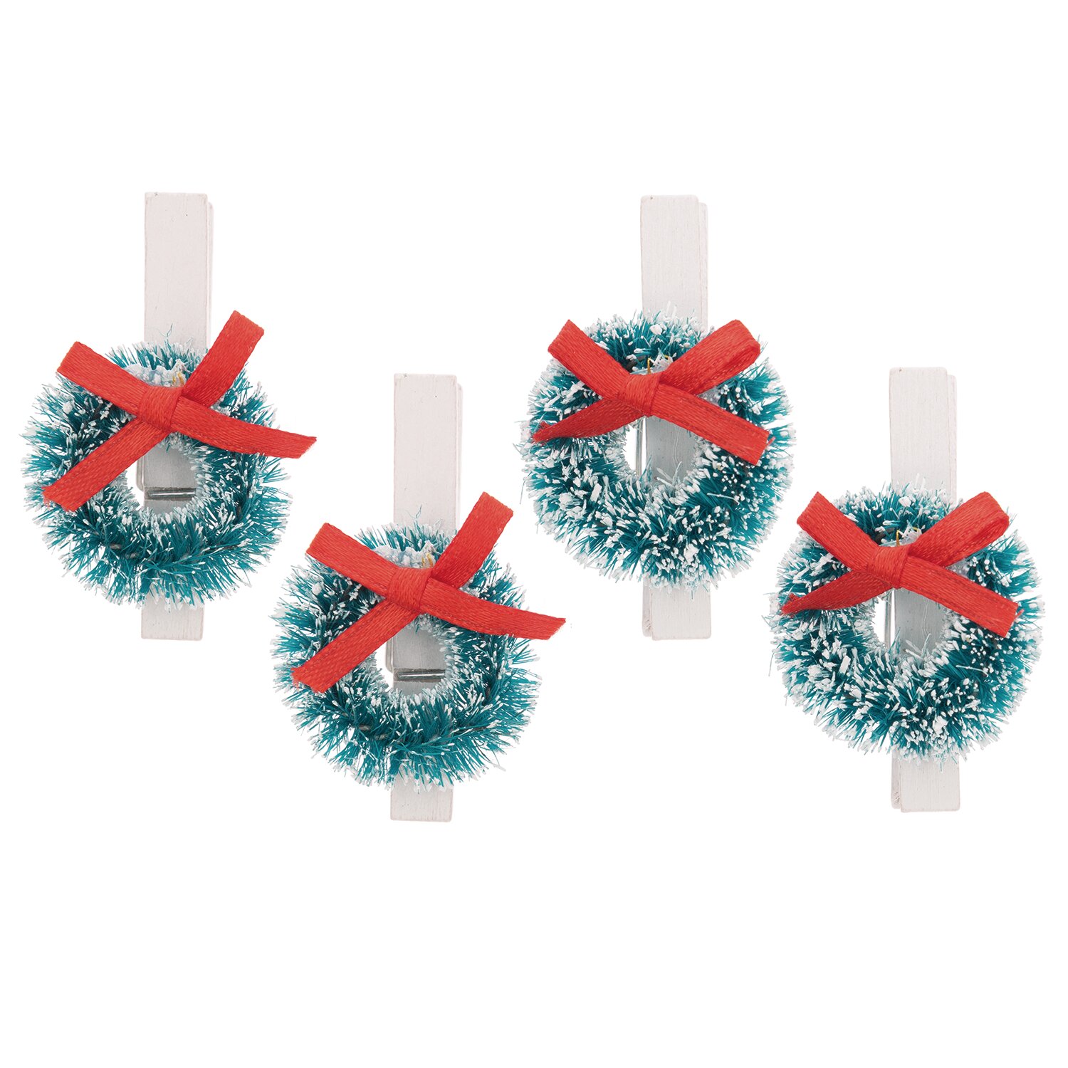 Dekoklammern Weihnachtskränze 3cm 4 Stück, mehrfarbig, mit roten Schleifen, ideal für festliche Dekorationen.