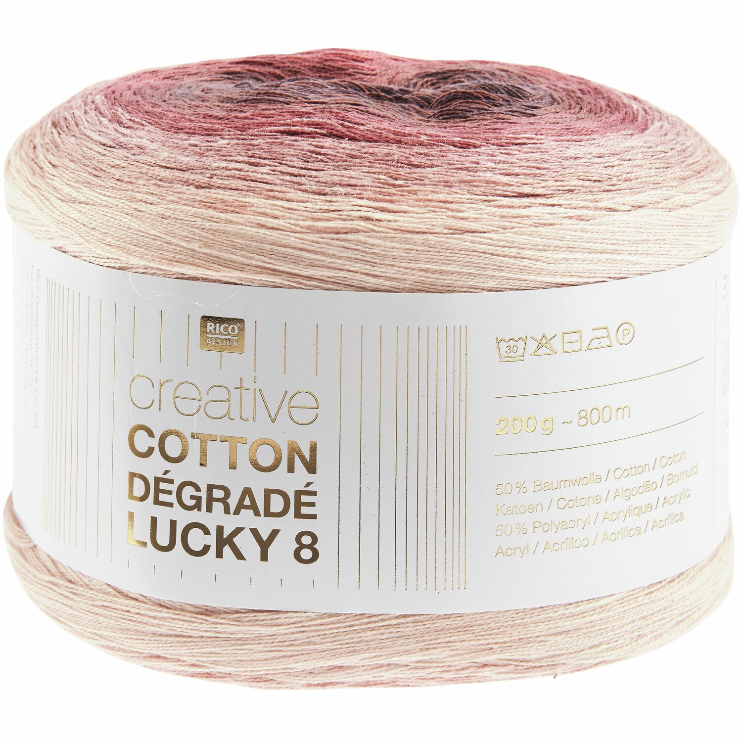 Creative Cotton Dégradé Lucky 8, Farbverlaufsgarn in Rosa- und Beigetönen, 200g, 800m, von Rico Design. Ideal für Strick- und Häkelprojekte.