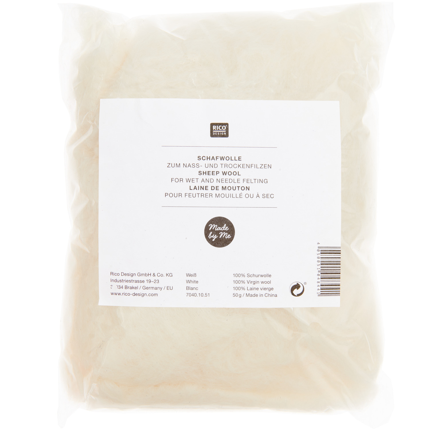 Schafwolle 50g von Rico Design in einer transparenten Verpackung, ideal zum Filzen.