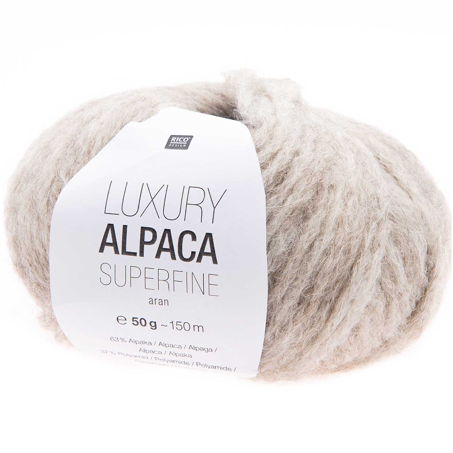 Rico Luxury Alpaca Superfine aran Wolle in Naturfarbe, 50g Knäuel, ideal für Strickprojekte.