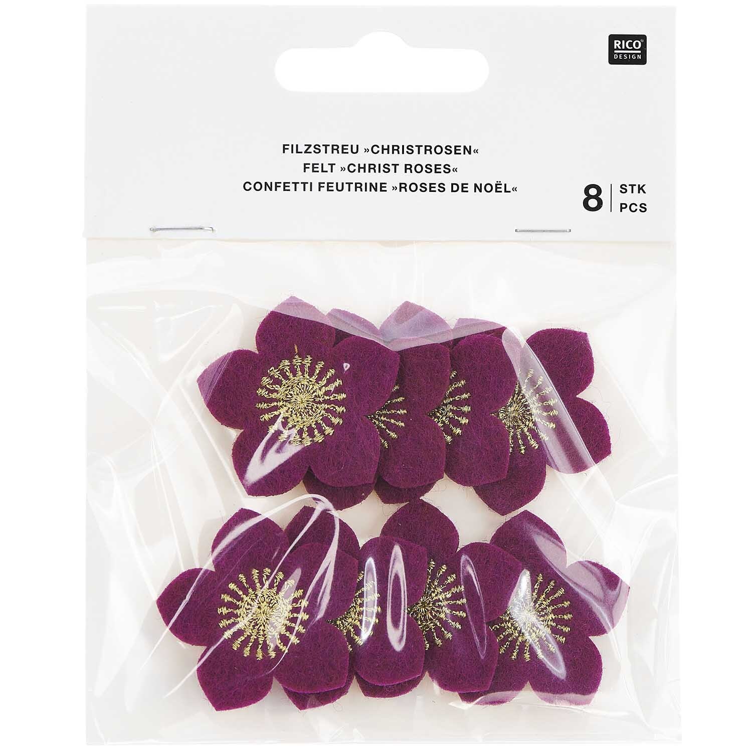 Filzstreu Christrosen bestickt 3,5x3,4cm 8 Stück Filzstreu Christrosen bestickt 3,5x3,4cm 8 Stück