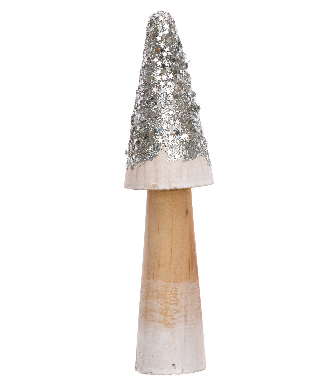 Holzpilz mit Glitter silber: Dekorativer Pilz aus Holz, verziert mit funkelndem Silberglitter. Ideal für festliche Dekorationen.
