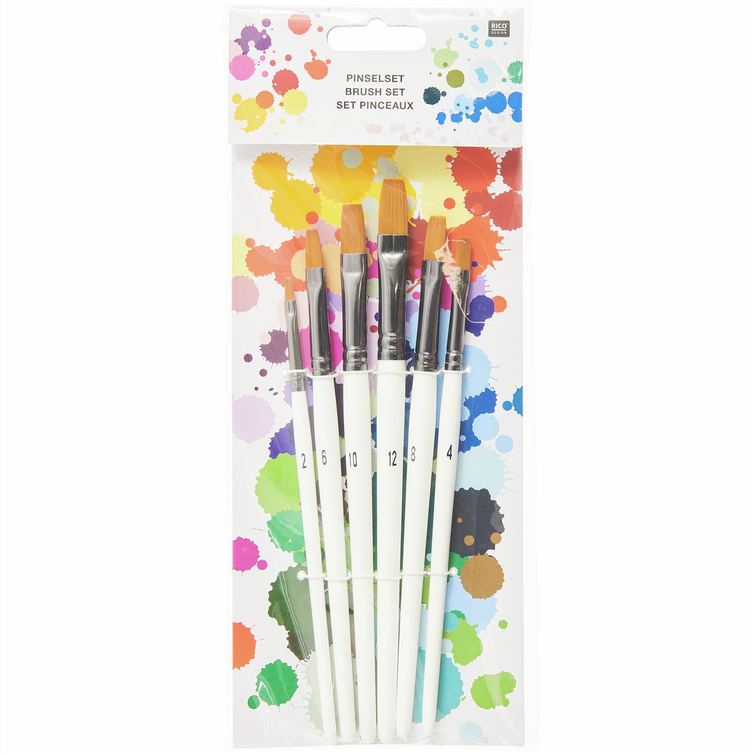 Schul- und Hobbypinsel flach 6er Set mit weißen Griffen und bunten Borsten, ideal für kreative Projekte.