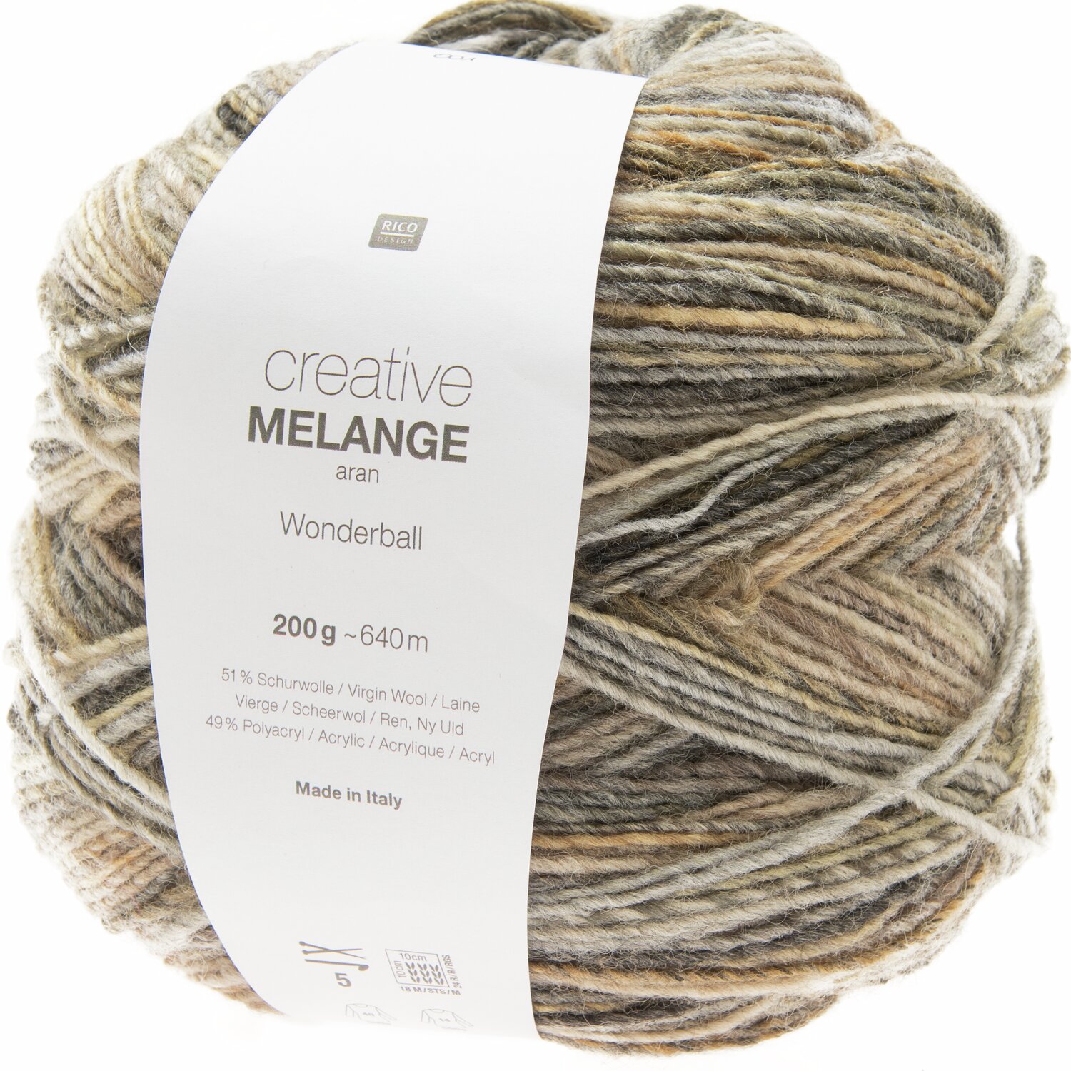 Creative Melange aran Wonderball, 200g, 640m, in Natur Mix. Hochwertiges Garn von Rico Design für vielseitige Strickprojekte.