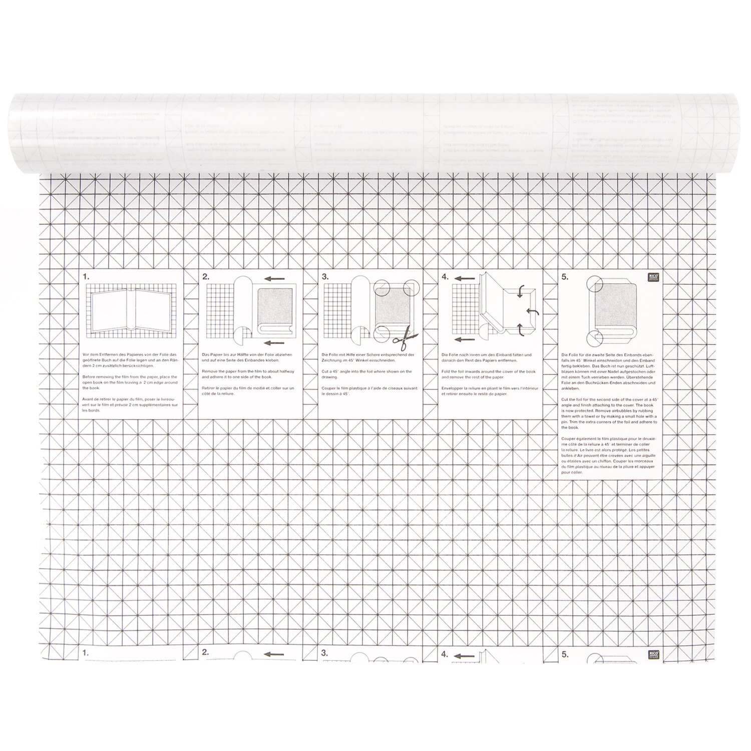 Buchfolie transparent selbstklebend 200x45cm von Rico Design mit Rasterlinien und Anleitung, große Rolle Schutzfolie zum einfachen Beziehen und Versiegeln von Büchern