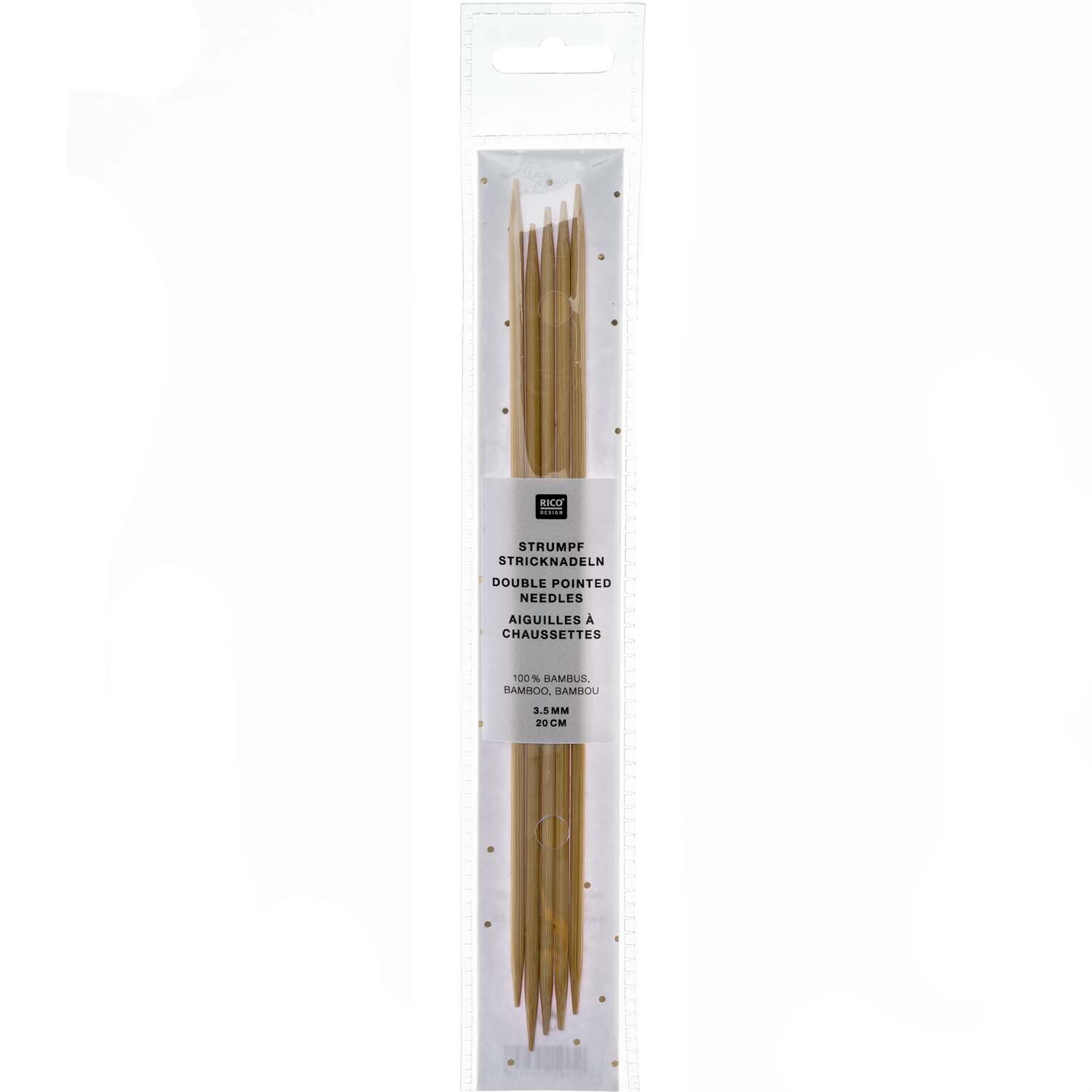 Nadelspiel 20cm Bambus von Rico Design, bestehend aus fünf Bambusnadeln in einer transparenten Verpackung. Ideal für Strickprojekte.