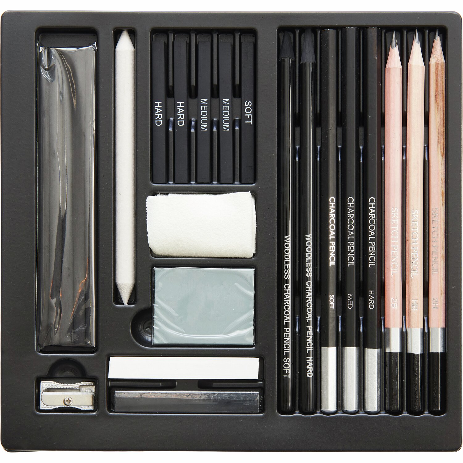 Zeichenset, 24-teilig, enthält Bleistifte, Kohle und Zubehör in einer schwarzen Box. Ideal für Künstler.