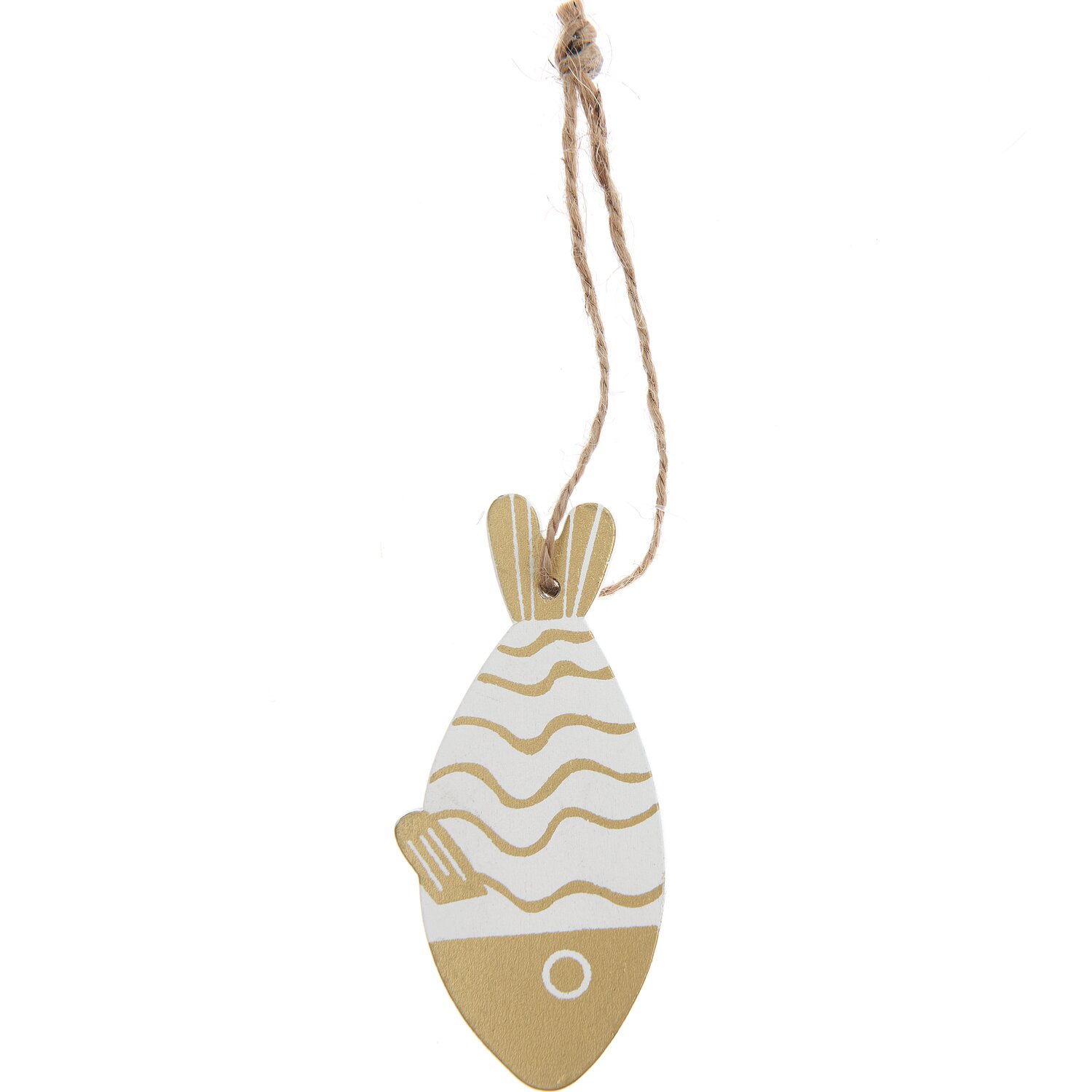 Holzhänger Fisch weiß-gold 4,1x9cm: Dekorativer Anhänger in Fischform mit goldenen Akzenten und Juteschnur.