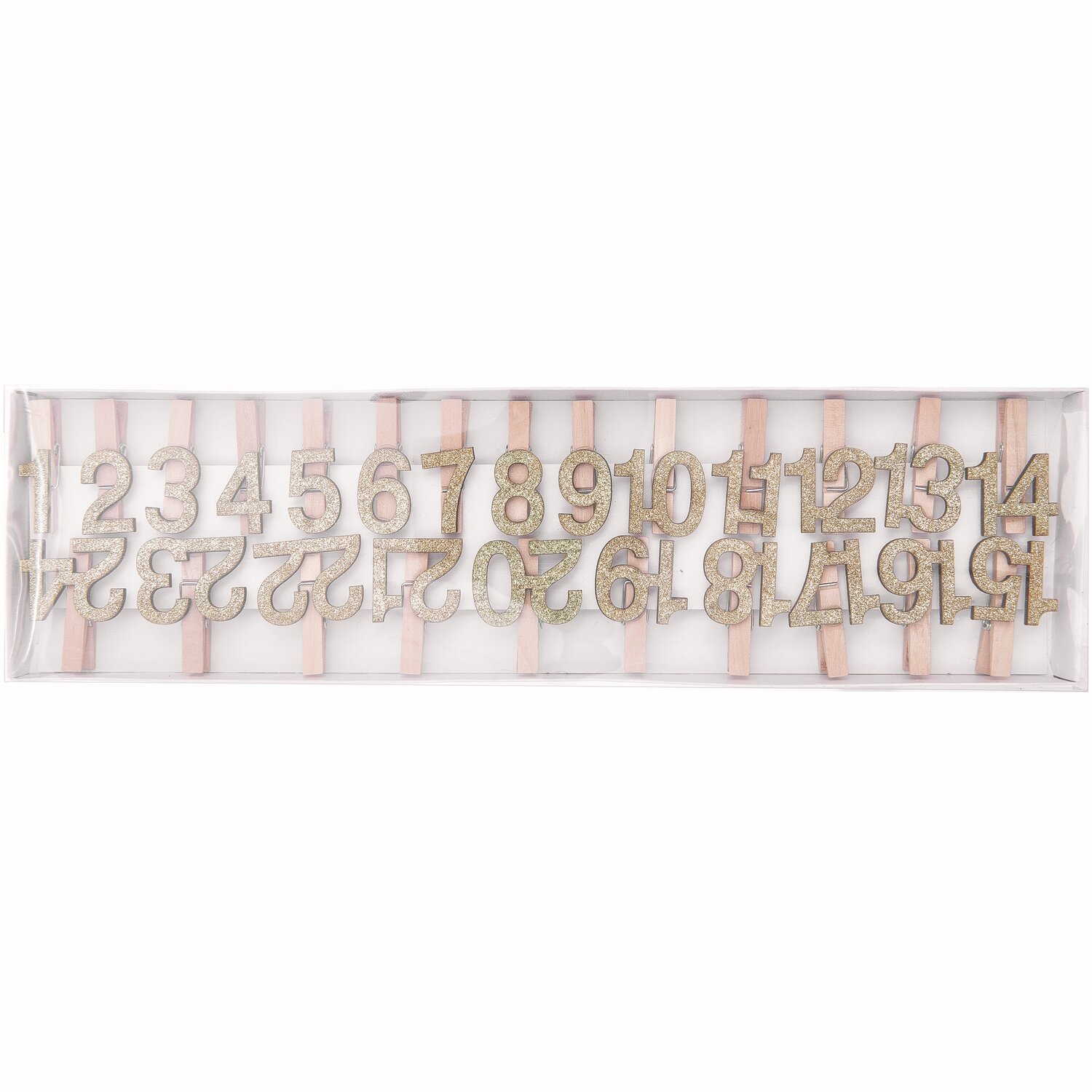 Holzclips Adventskalender Zahlen 1-24 4,5cm in Gold-Glitter von Rico Design, ideal für festliche Dekorationen.