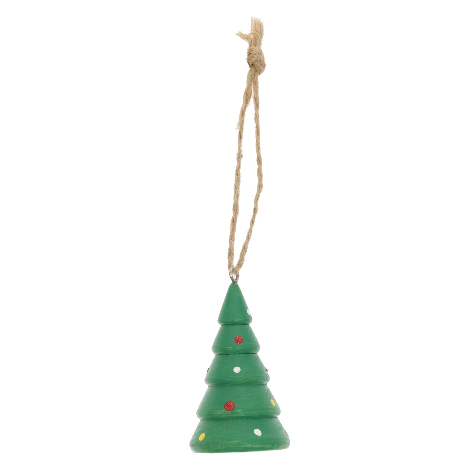 Holzhänger Weihnachtsbaum grün 3,5x6cm mit bunten Punkten und Juteband zum Aufhängen.