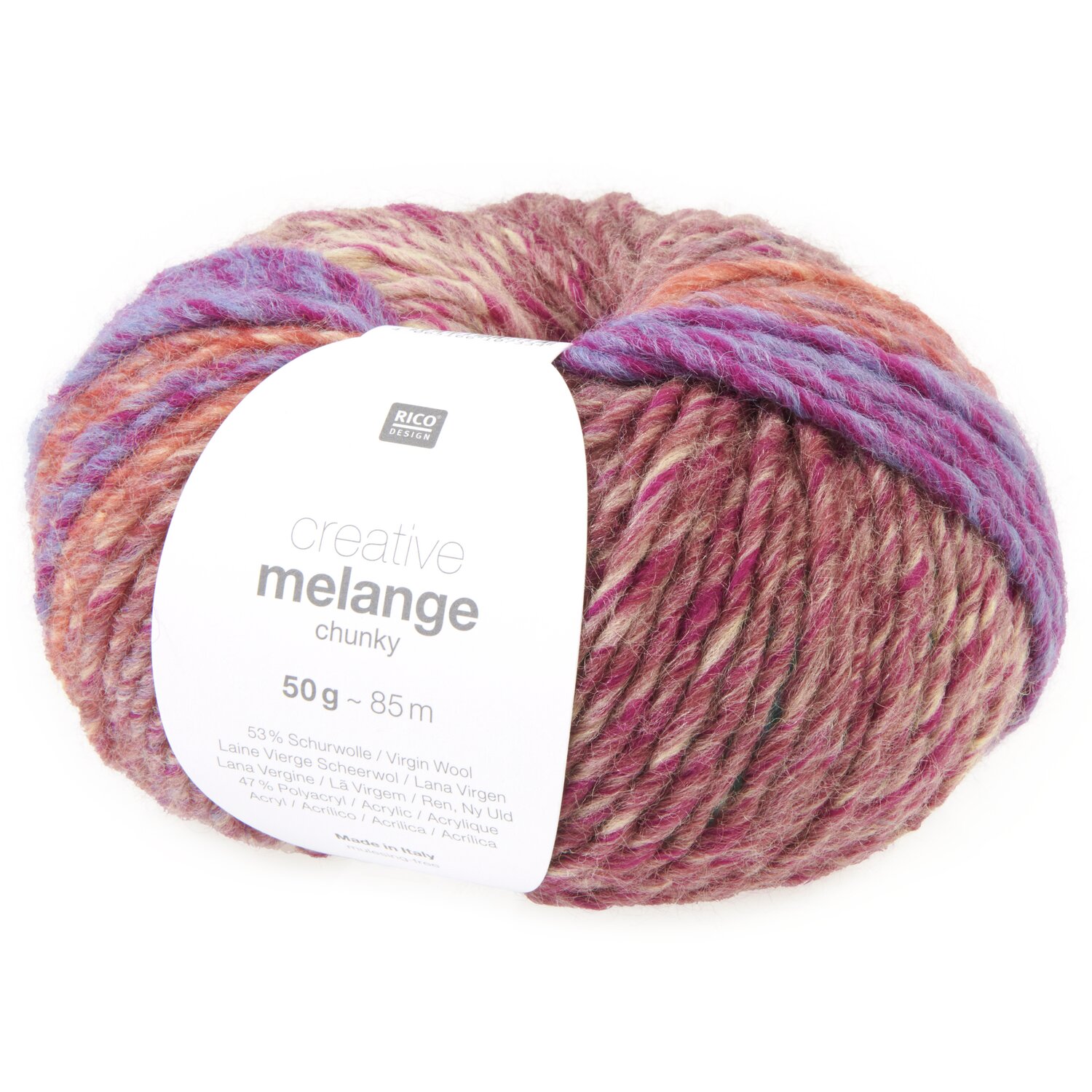 Creative Melange chunky Wolle in Rosa- und Lilatönen, 50g 85m, von Rico Design, ideal für Strickprojekte.