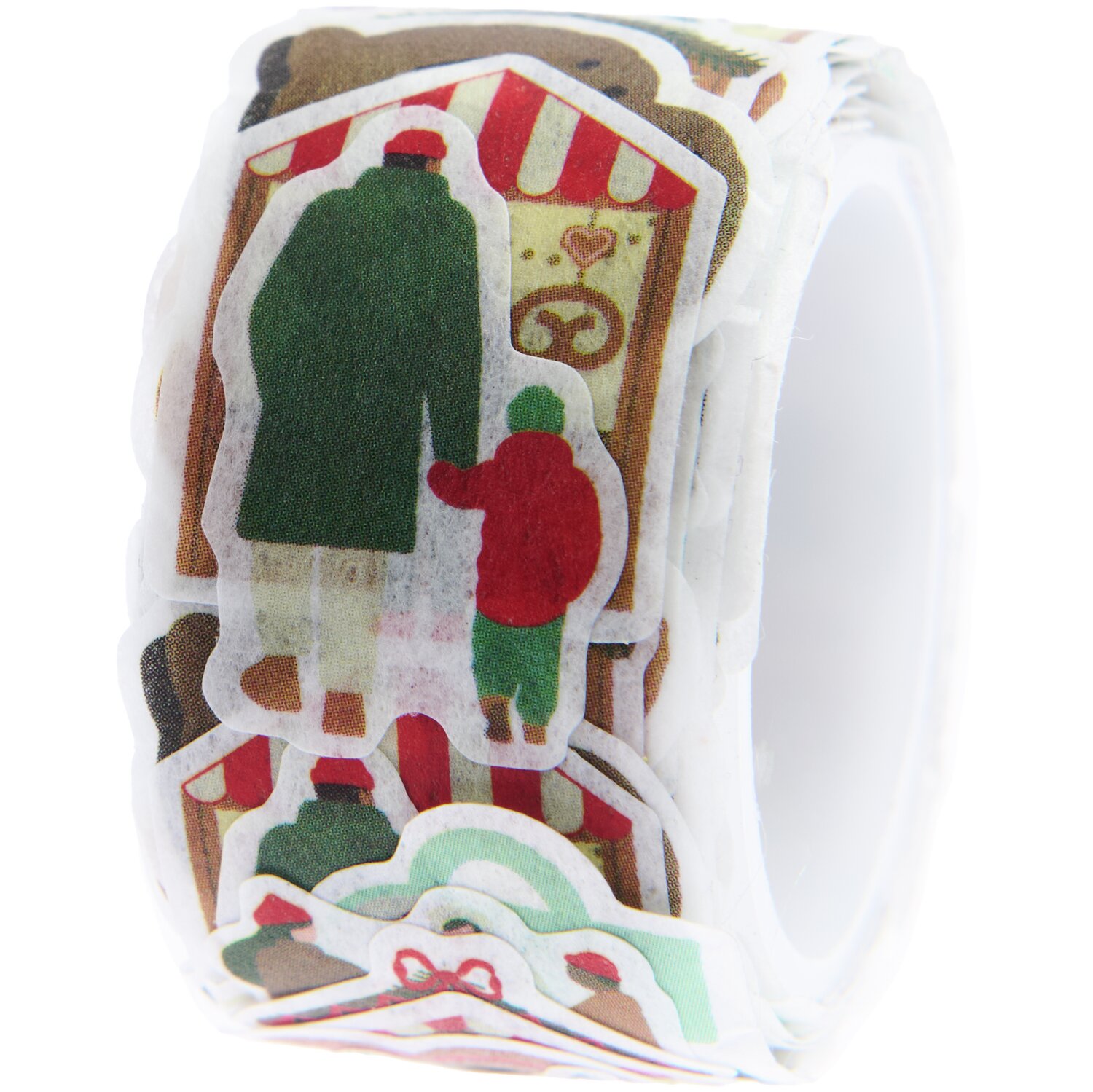 Washi Sticker Weihnachtsmarkt: Rolle mit 200 bunten Stickern von Rico Design, die Szenen eines Weihnachtsmarkts zeigen.