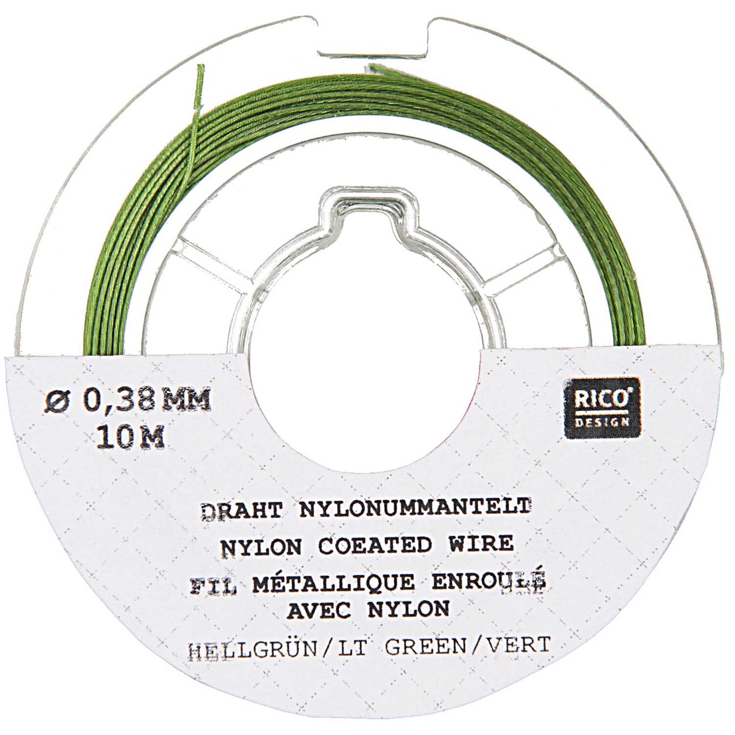 Edelstahlseide 0,38mm 10m von Rico Design in Hellgrün, auf einer Spule mit Nylonummantelung. Ideal für kreative Projekte.