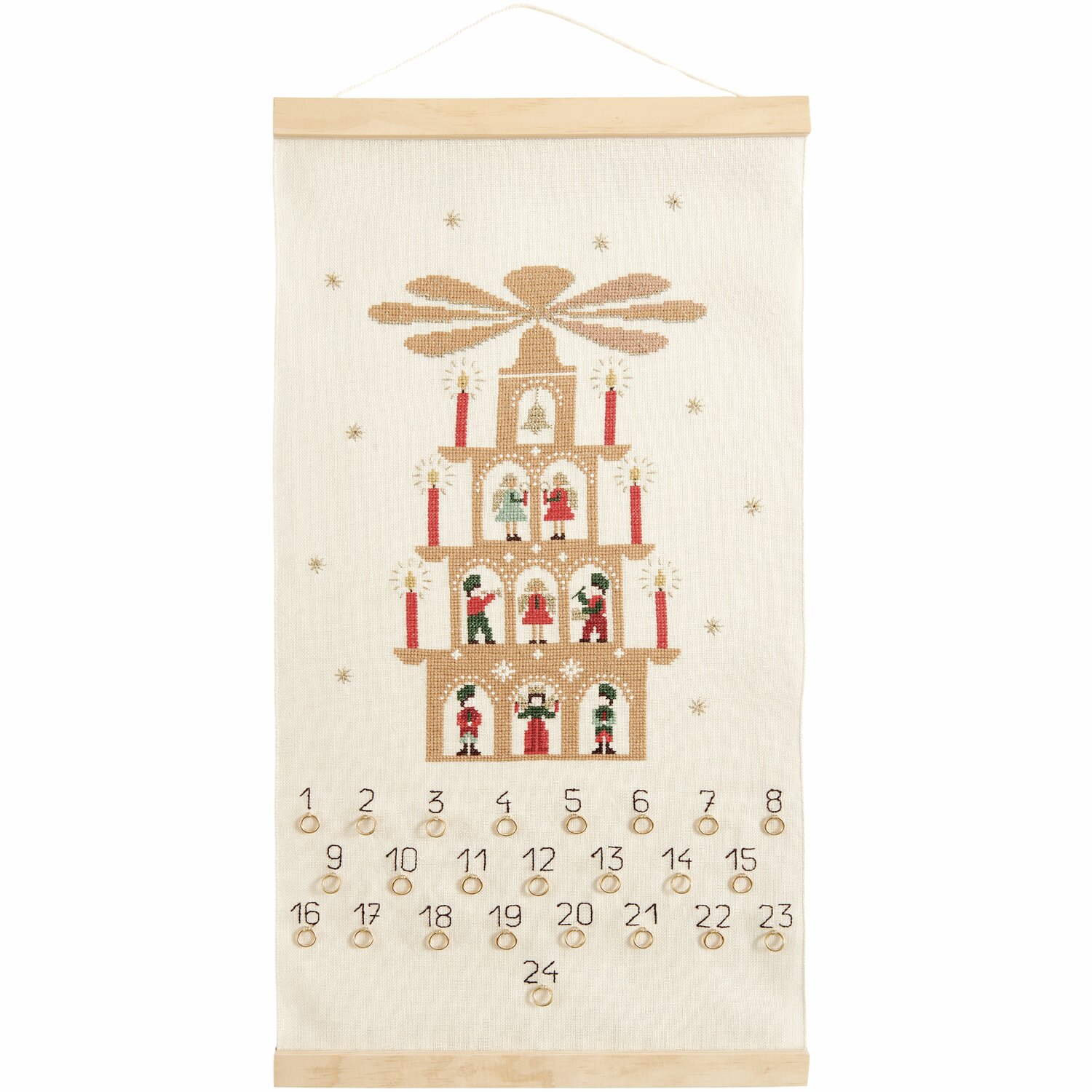 Stickpackung Adventskalender Lichterpyramide 30x56cm von Rico Design Stickpackung Adventskalender Lichterpyramide zeigt eine gestickte Pyramide mit Zahlen und Figuren. Ideal für weihnachtliche Dekoration.