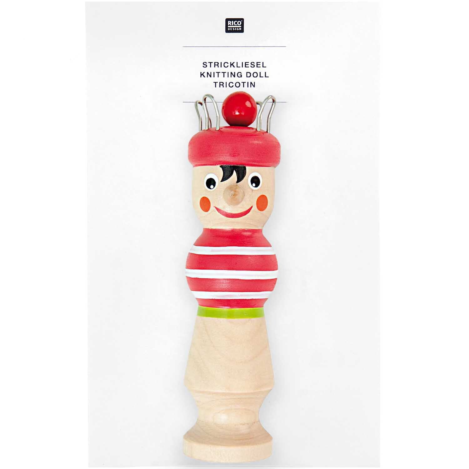 Strickliesel Karl Rot von Rico Design: Holz-Strickpuppe mit rotem Hut und Streifen, ideal für kreative Handarbeiten.