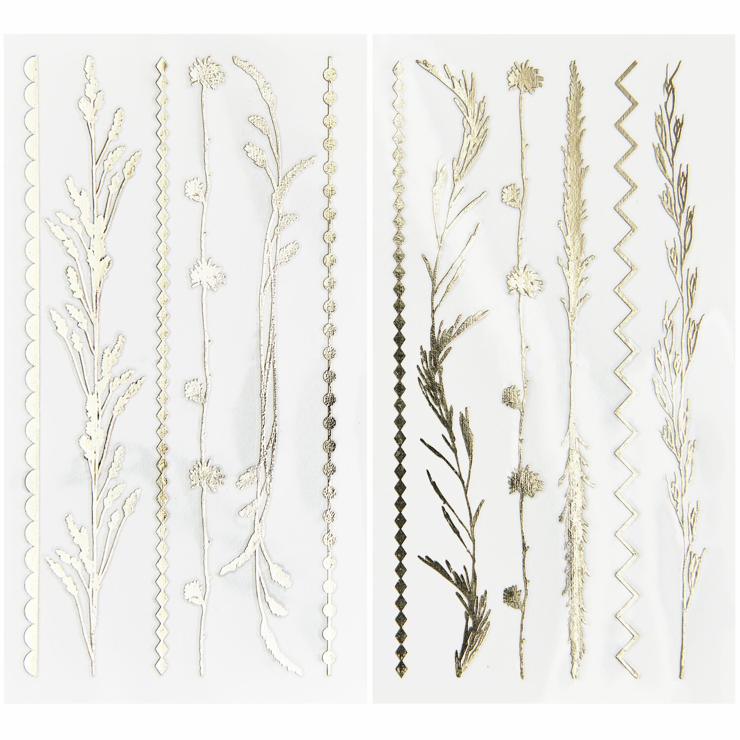 Tattoos Festival Boho: 12-teiliges Set mit goldenen und silbernen floralen Designs auf weißem Hintergrund. Ideal für kreative Körperkunst.