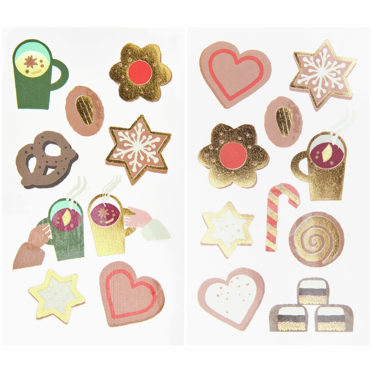 Tattoos Weihnachtsmarkt: Bunte Stickerbögen mit weihnachtlichen Motiven wie Herzen, Tassen und Keksen.