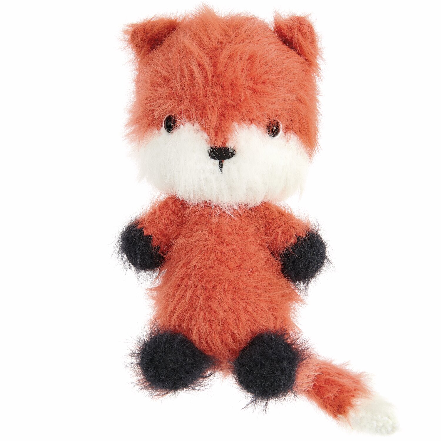 Ricorumi Furry Animals: Flauschiger Fuchs in Orange mit schwarzen Sicherheitsaugen und weißen Details. Ideal für kreative Strickprojekte.