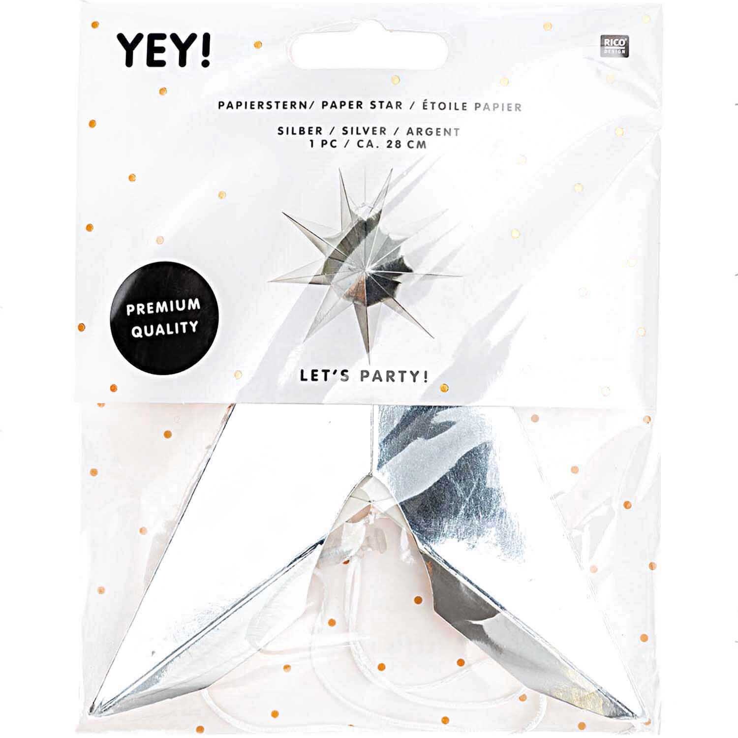 Papierstern auffaltbar 28cm von Rico Design in Silber, ideal für festliche Dekorationen. Premium-Qualität, perfekt für Partys.