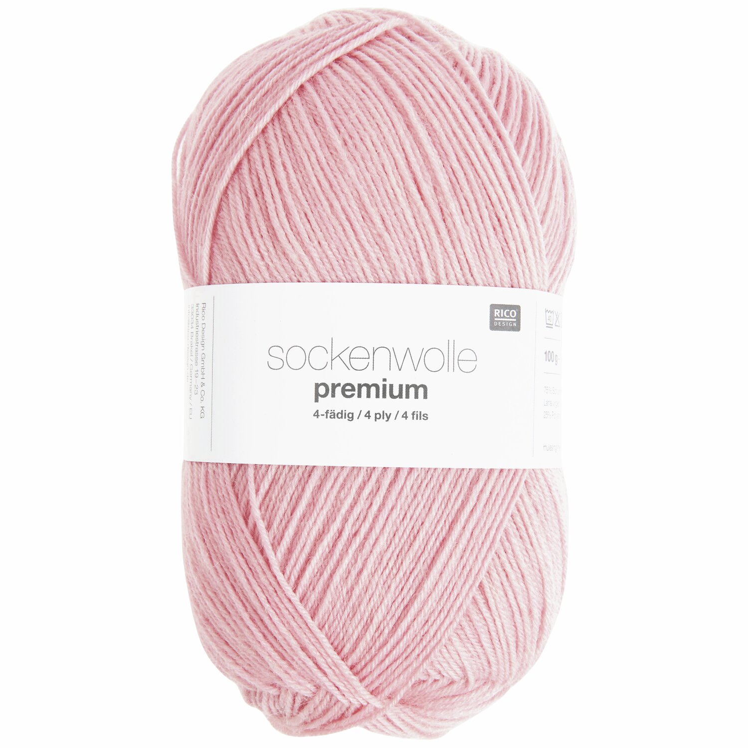 Sockenwolle Premium 4-fädig in zartem Rosa, 100g 380m, von Rico Design, ideal für Strickprojekte.