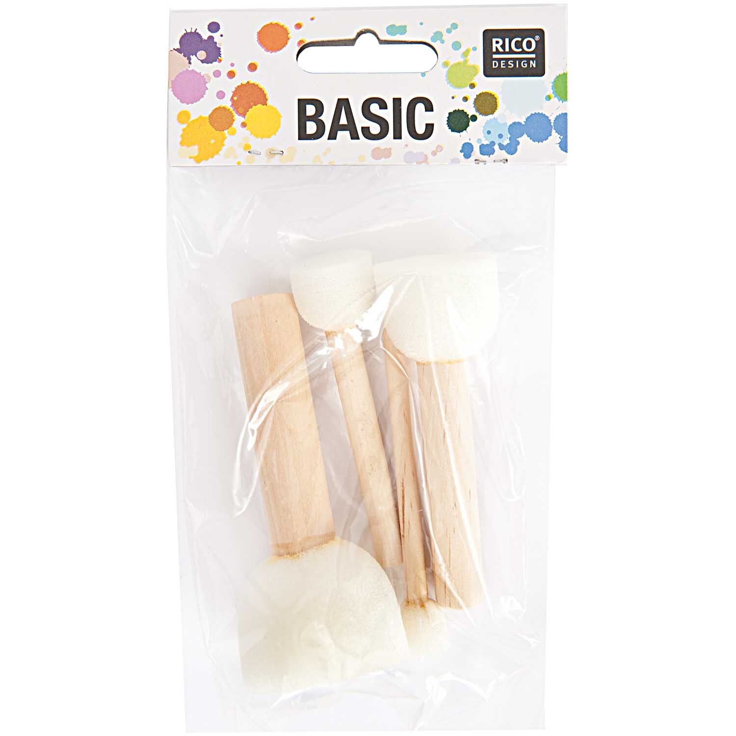 Stupfpinsel Set, 4-teilig von Rico Design. Enthält Pinsel mit Holzgriffen in transparenter Verpackung. Ideal für kreative Projekte.