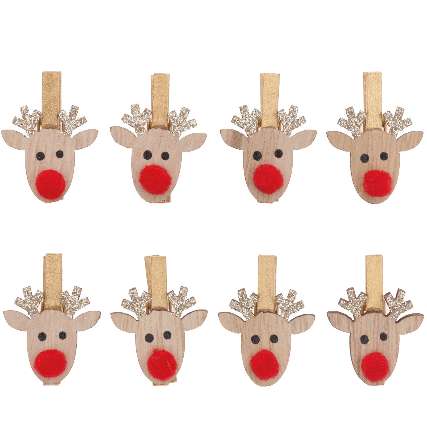 Dekoklammern mit Glitter Rentier 3cm 8 Stück von Rico Design. Holzklammern mit roten Nasen und glitzernden Geweihen. Ideal für festliche Dekorationen.