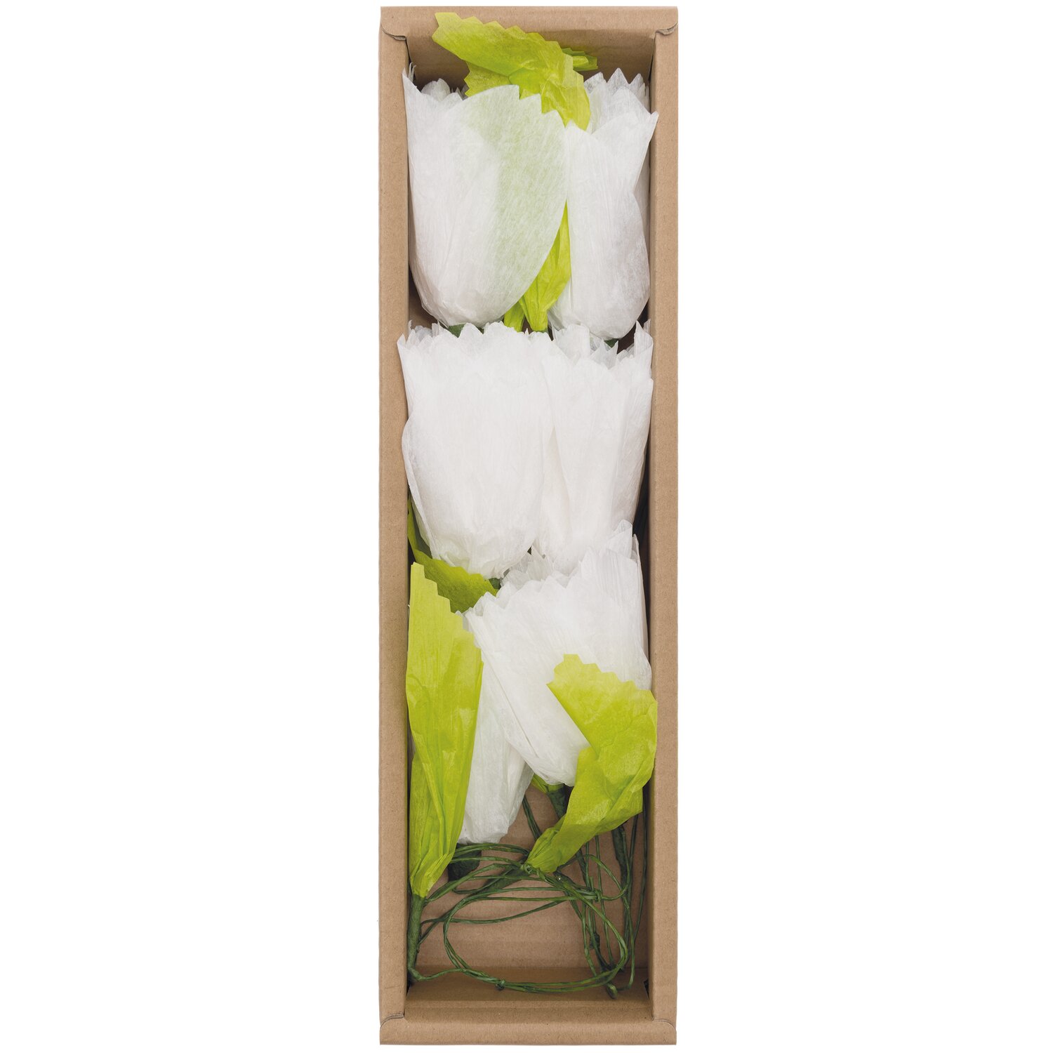 Papierblumen Girlande weiß 180 cm: Dekorative weiße Blumen mit grünen Blättern in einer Box.