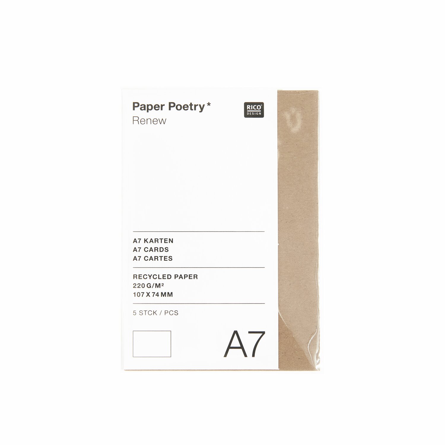 Paper Poetry Renew Karten A7, 5 Stück aus Kraftpapier, 220 g/m², von Rico Design, ideal für kreative Projekte.