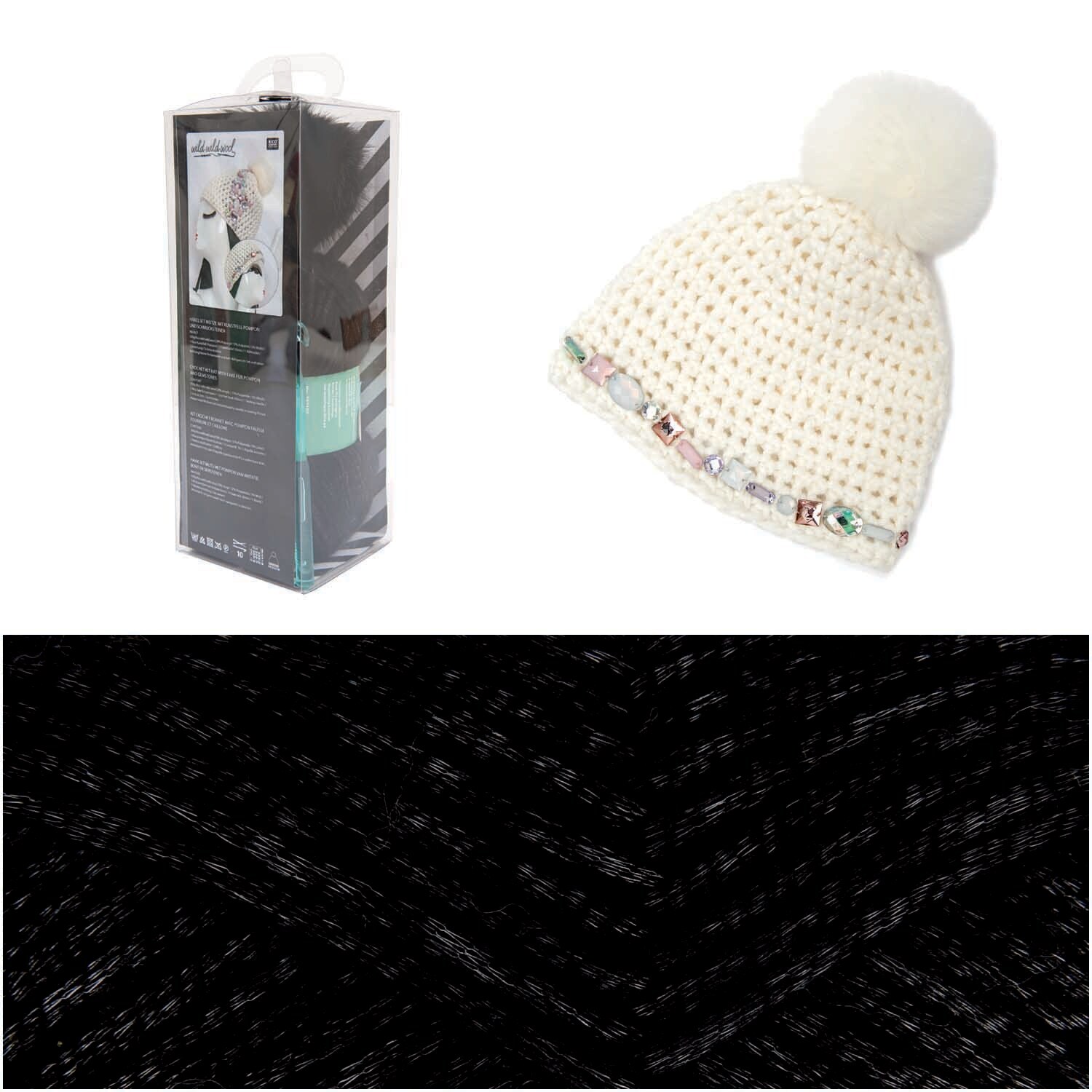 Häkelset Mütze Wild Wild Wool mit Bommel und Strass Häkelset Mütze Wild Wild Wool mit Bommel und Strass