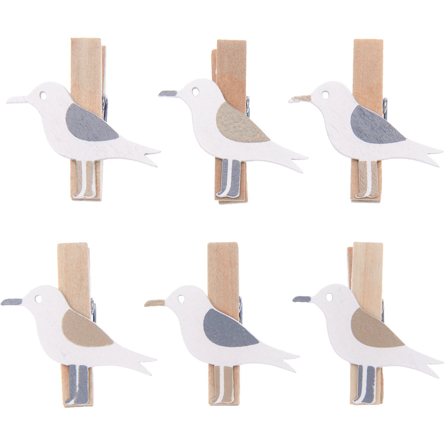 Dekoklammern Möwe natur 7x35mm, 6 Stück. Holzwäscheklammern mit Möwenmotiv in natürlichen Farben.