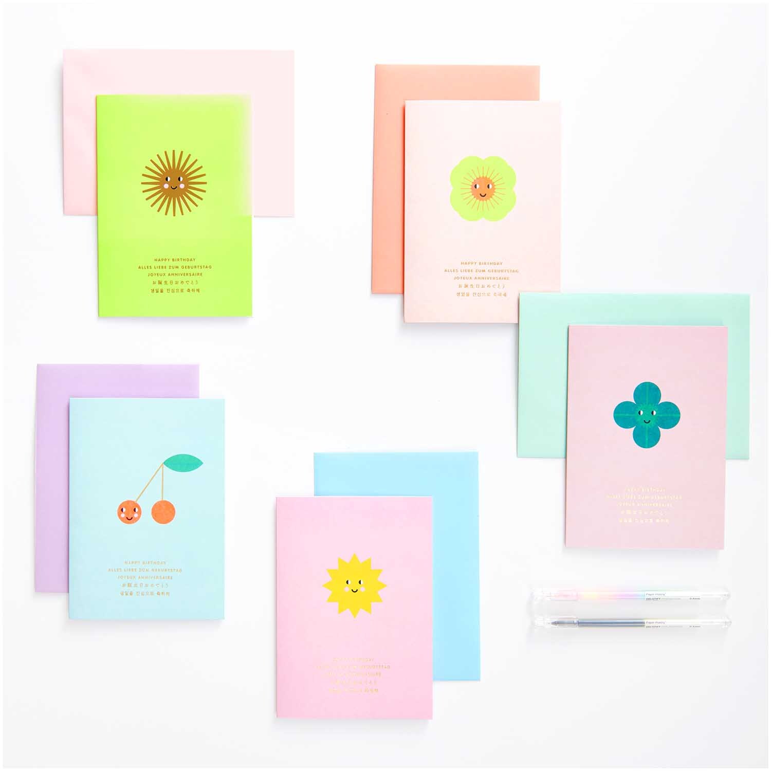 Paper Poetry Kartenset Happy Birthday, 20-teilig, mit bunten Karten und Umschlägen in Pastellfarben, verziert mit fröhlichen Motiven und Texten.