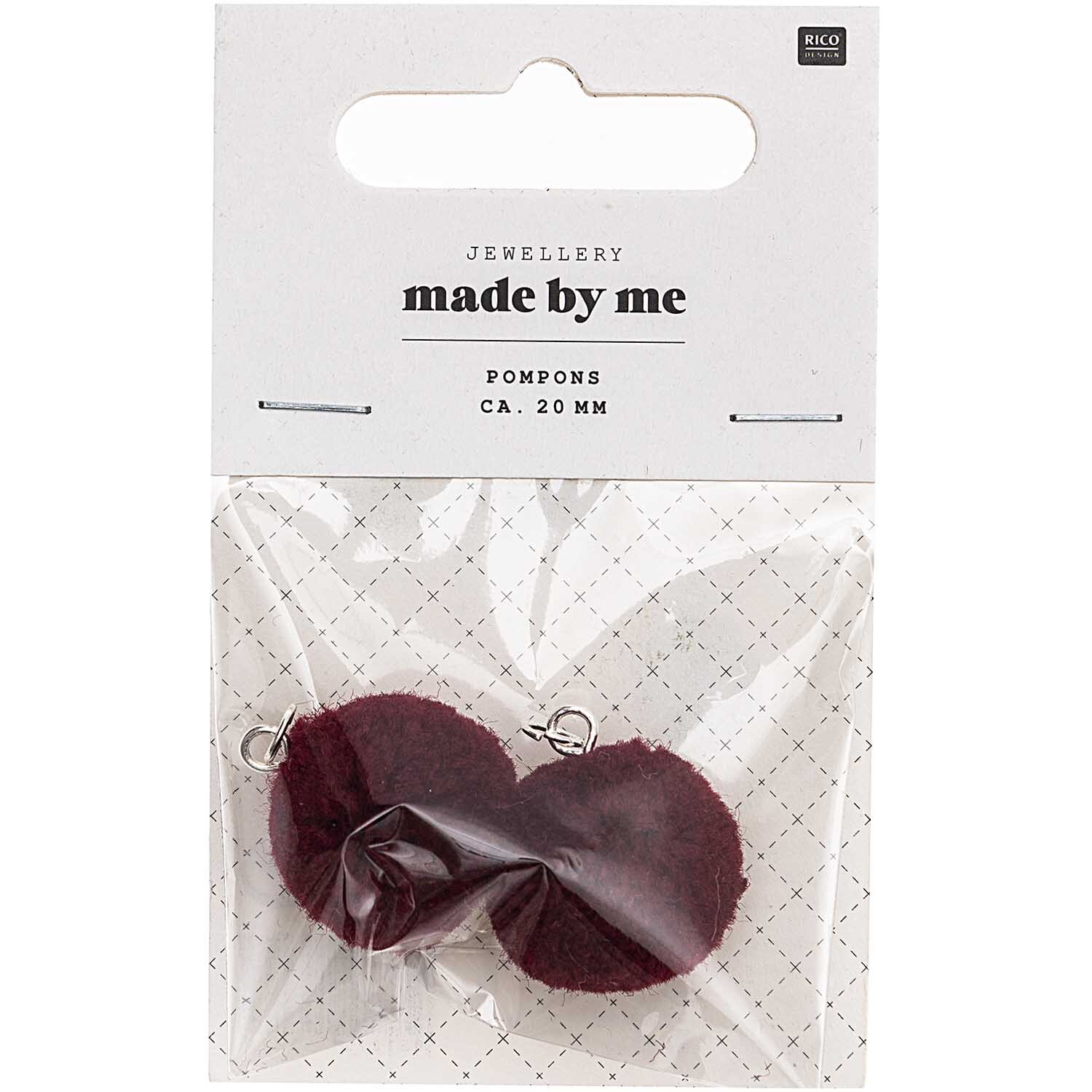 Pompons mit Öse 2cm 2 Stück Farbe Weinrot von Rico Design Pompons mit Öse 2cm 2 Stück in weinrot von Rico Design, verpackt in einer transparenten Tüte. Ideal für DIY-Schmuckprojekte.
